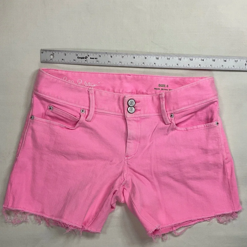 Lilly Pulitzer Worth Skinny Mini Pink Denim Shorts Raw Hem‎ Womens Size 8